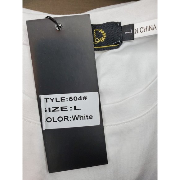 Rare Gold Leaf Large White Black Strap Design Crew Neck Designer T-Shirt - Picture 9 of 12